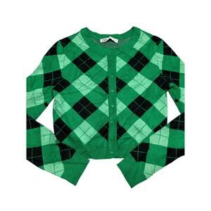 ZARA Green Argyle Cardigan Sweater Button Front Cropped Preppy Y2K Women’s Small